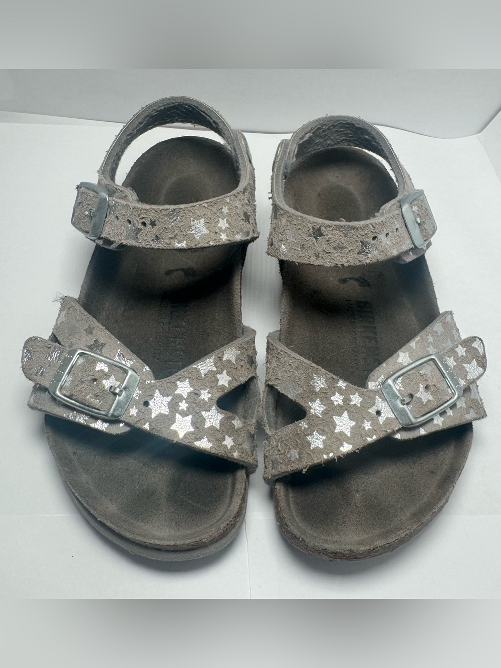 Sz C7 BIRKENSTOCK RIO CHILDREN SANDALS SUEDE GRAY METALLIC AND STARS PATTERN
